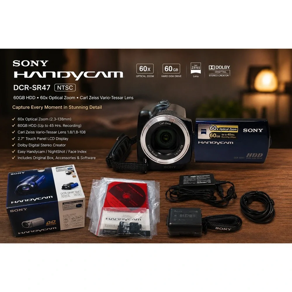 Sony Handycam DCR-SR47 Blue 60GB HDD Camcorder 60x Optical Zoom‎ Carl Zeiss Lens